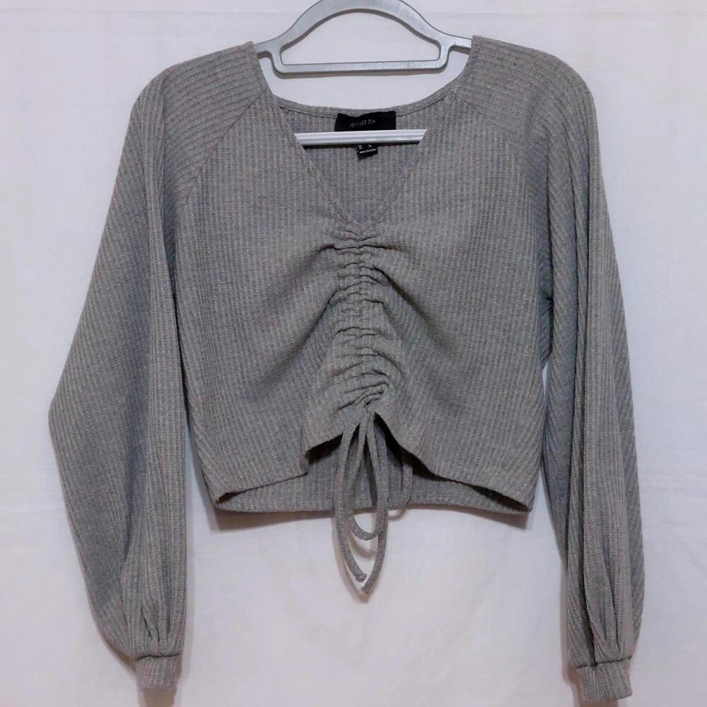 FOREVER 21+ CINCHED CROPPED WAFFLE KNIT LONG SLEEVE TOP WOMENS OX GRAY